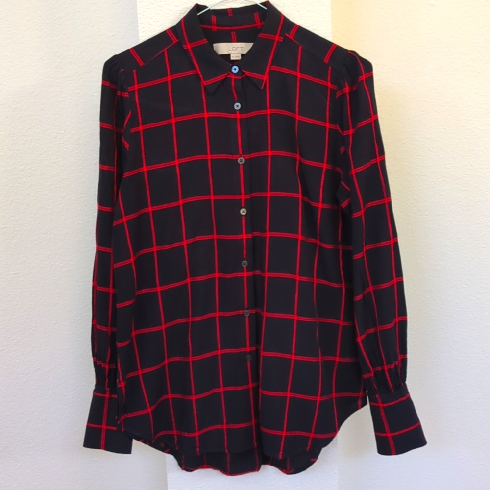 LOFT Navy blue blouse with red window pane plaid pattern, XS